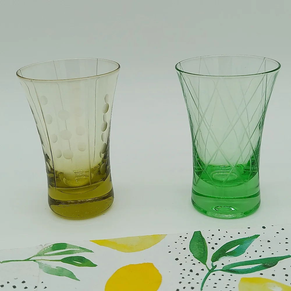 Set of 2 Vintage Glasses Shot Cordial Liquor Whiskey Neon Yellow Green